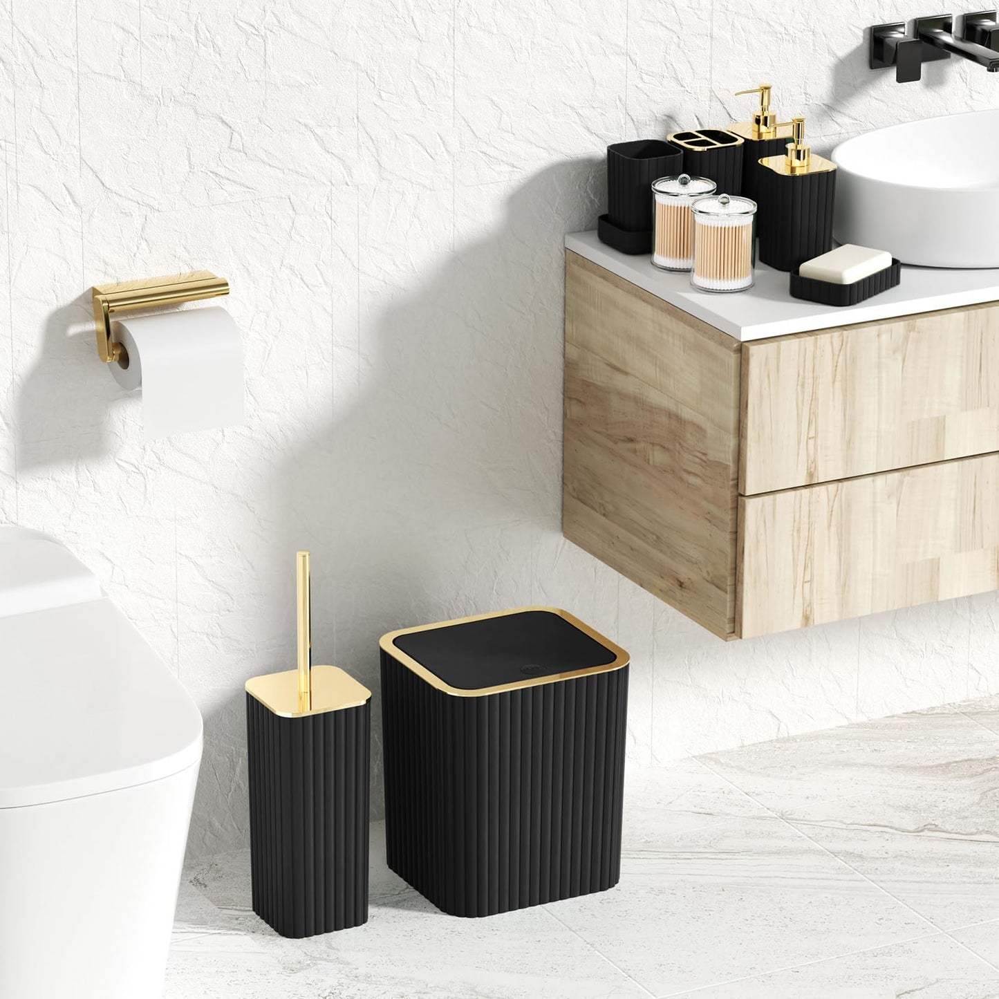 XLHOMO Bathroom Accessories Set - Gorgeous Black Bathroom Set, 10PC Bathroom Accessory Set, Toilet Brush, Trash Can, Qtip Holder & Soap Dispenser