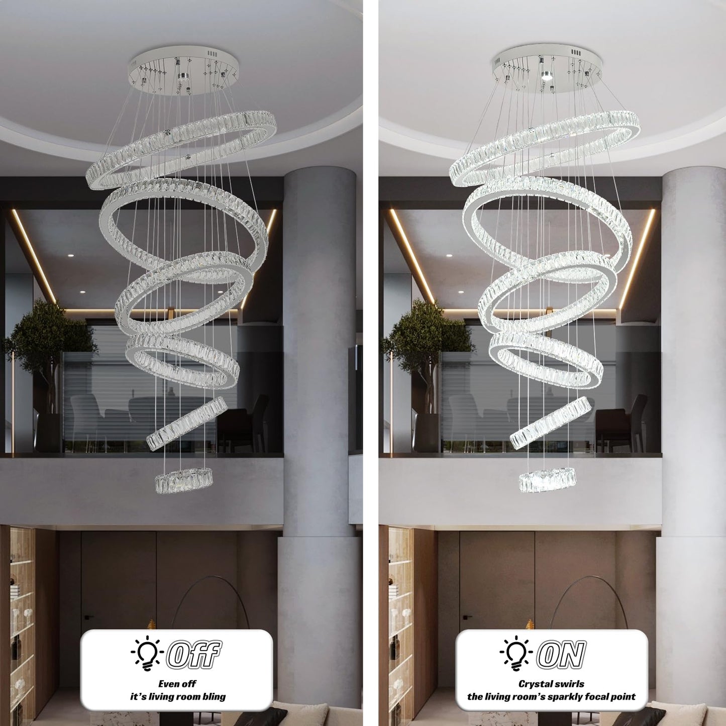 Finktonglan 6-Ring Crystal LED Chandelier, Cool White 6000K Modern Pendant Light, Adjustable Height up to 118", K9 Stainless Rings (Ø7.9–27.6"), Non-Dimmable for Foyer Stair Living Room
