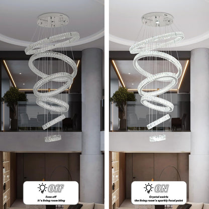 Finktonglan 6-Ring Crystal LED Chandelier, Cool White 6000K Modern Pendant Light, Adjustable Height up to 118", K9 Stainless Rings (Ø7.9–27.6"), Non-Dimmable for Foyer Stair Living Room