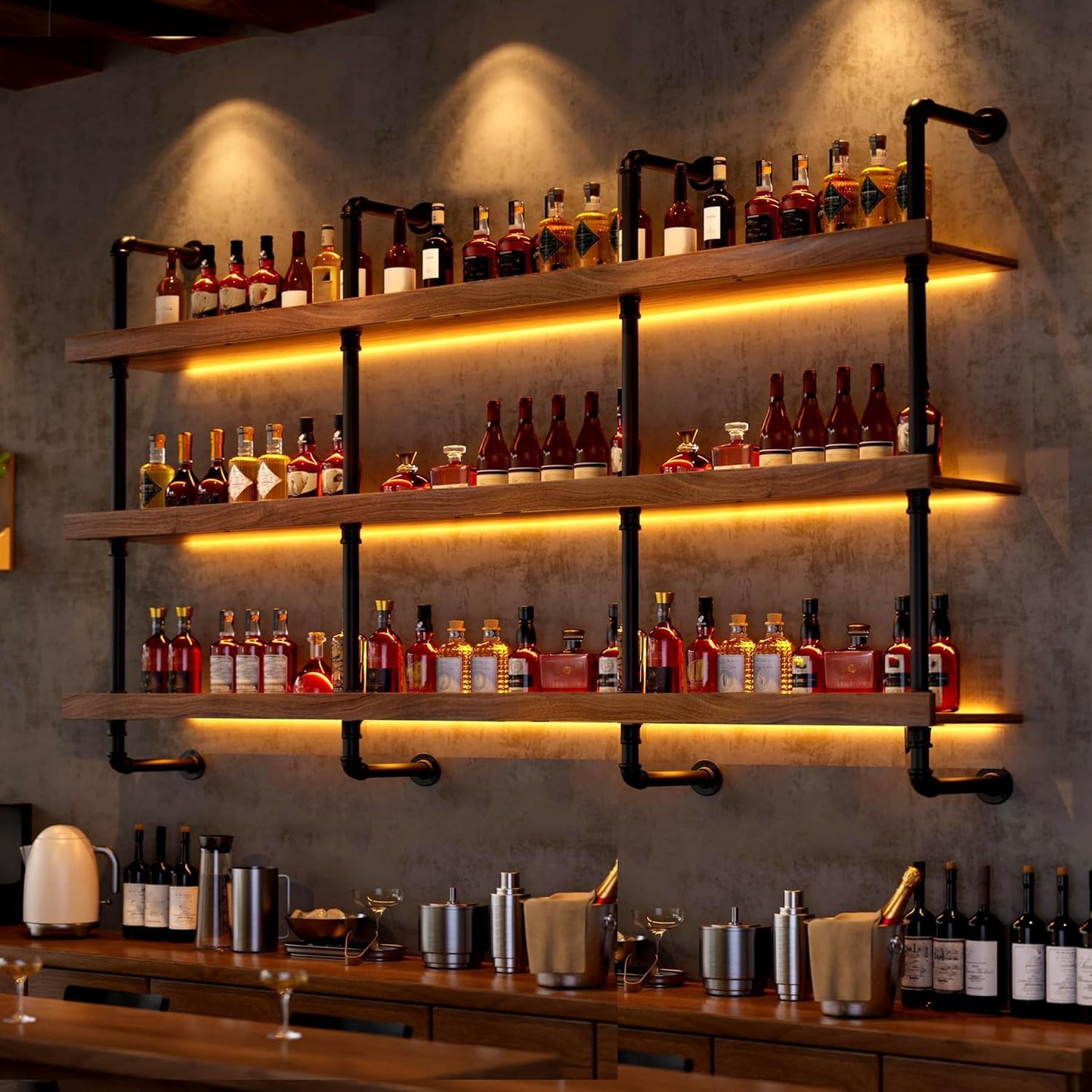 Dawselod 55.1in Large Wine Rack with LED Light Solid Wood Wall Mounted Wine Rack, 3-Tiers Liquor Bottles Floating Shelves Display Storage Organizer for Home Bar & Dining Room (140cm/55.1in)