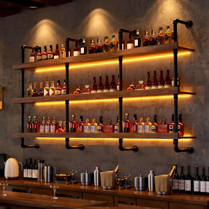 Dawselod 78.7in Large Wine Rack with LED Light Solid Wood Wall Mounted Wine Rack, 3-Tiers Liquor Bottles Floating Shelves Display Storage Organizer for Home Bar & Dining Room (200cm/78.7in)