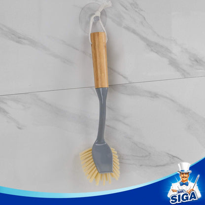 MR.SIGA Dish Brush with Long Bamboo Handle Built-in Scraper, Scrub Brush for Pans, Pots, Kitchen Sink Cleaning, Pack of 2