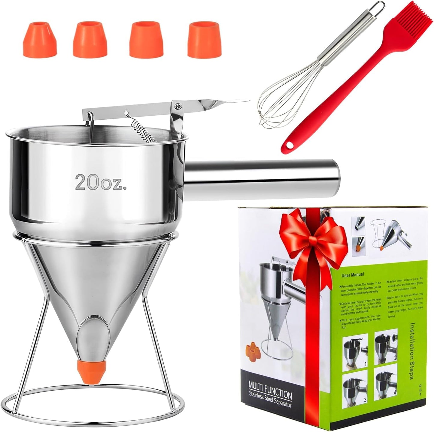 20oz Stainless Steel Pancake Batter Dispenser with Stand, Funnel Cake & Cupcake Batter Dispenser, Multi-Caliber Nozzles for Waffles, Crepes & Icing – Includes 4 Nozzles, Whisk & Brush