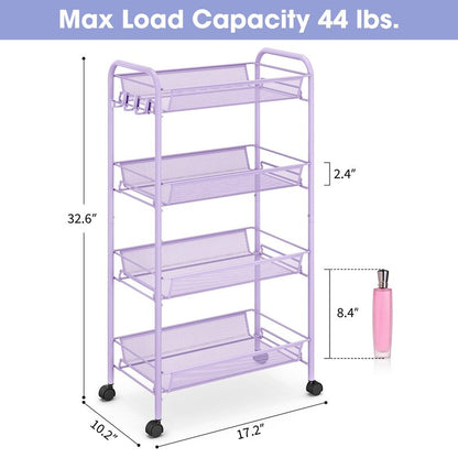TOOLF 4-Tier Rolling Cart, Metal Utility Cart with 3 Hooks, Easy Assemble Mobile Storage Trolley On Wheels, Metal Shelving Units Kitchen Bathroom Laundry Room