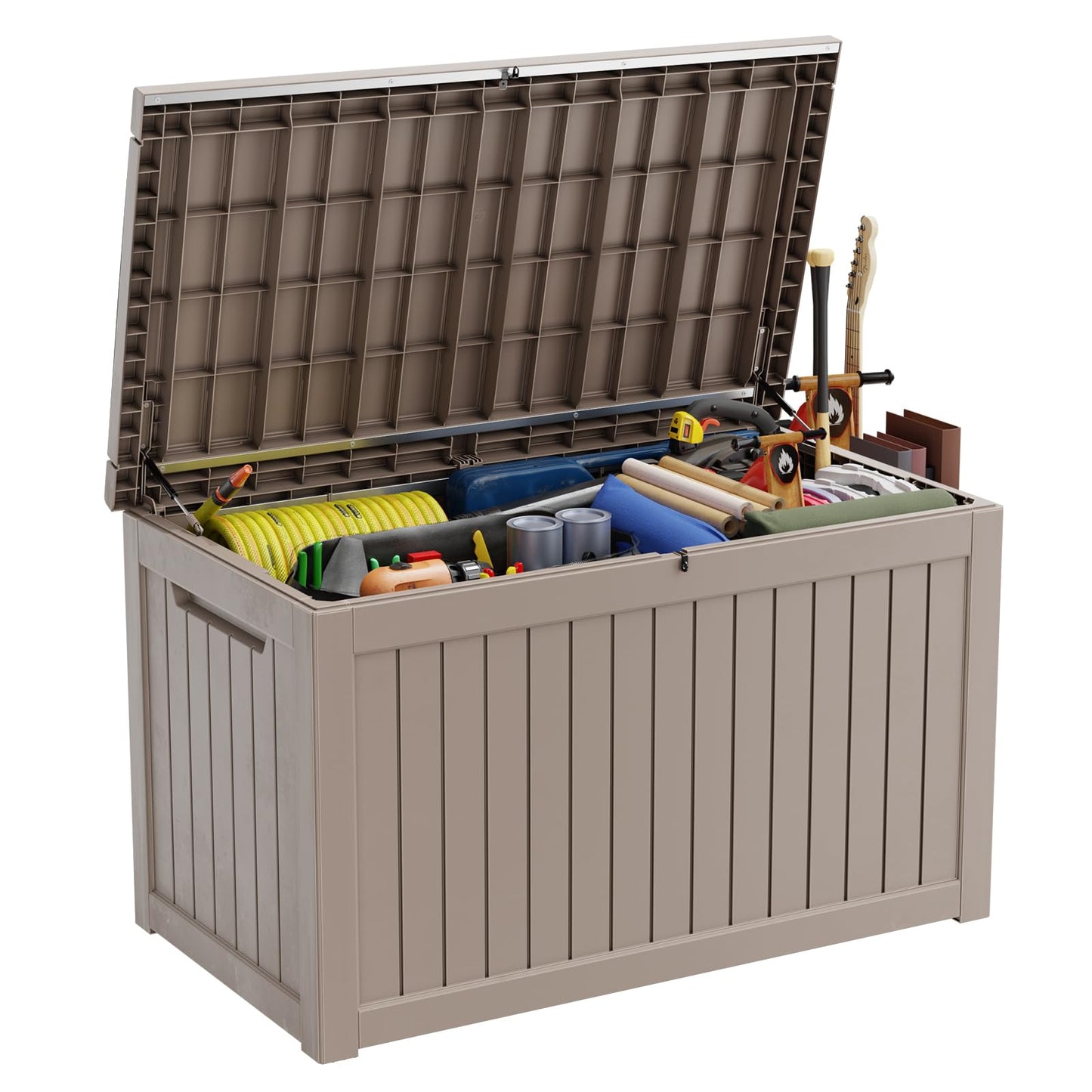 ROJIK Outdoor Storage Housing Deck Box - Waterproof Patio Furniture, Garden Tools, Cushions, Pool Accessories Storage Bench with Lockable Lid and Side Handles (Grey, 275 Gal)