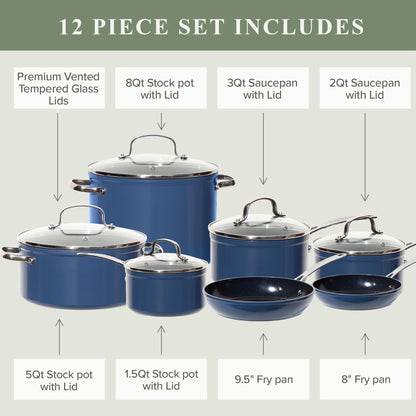 Nuwave Healthy Duralon Blue Ceramic Nonstick 12pc Cookware Set,Diamond Infused Scratch-Resistant,PFAS Free,Dishwasher & Oven Safe,Induction Ready & Evenly Heats, Tempered Glass Lids, Stay-Cool Handles