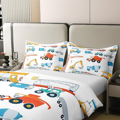 Cartoon Cars 100% Cotton Duvet Cover Queen, Colorful Building Machine Comforter Cover for Kids Boys Girls, Red Blue