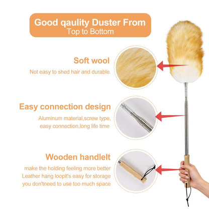 Extendable Lambswool Feather Duster 31-88 Inch, Anti-Static Wool Duster for Cleaning with Stainless Steel Pole - Ideal for High Ceilings, Fans, Interior & Roof (Yellow & White)