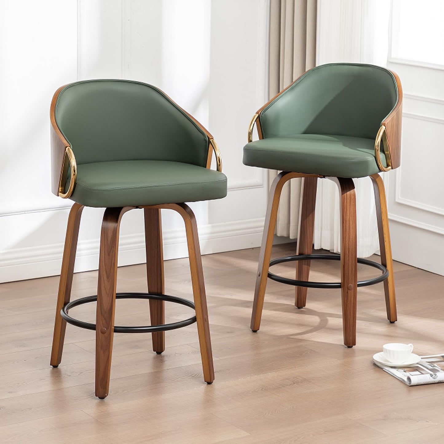 YOUUGIOR 24.8" Swivel Counter Height Bar Stools Set of 3,Green Leather Barstools Mid Century Modern Bar Chairs with Wood Legs and Golden Arms for Kitchen Dining Pub Cafe