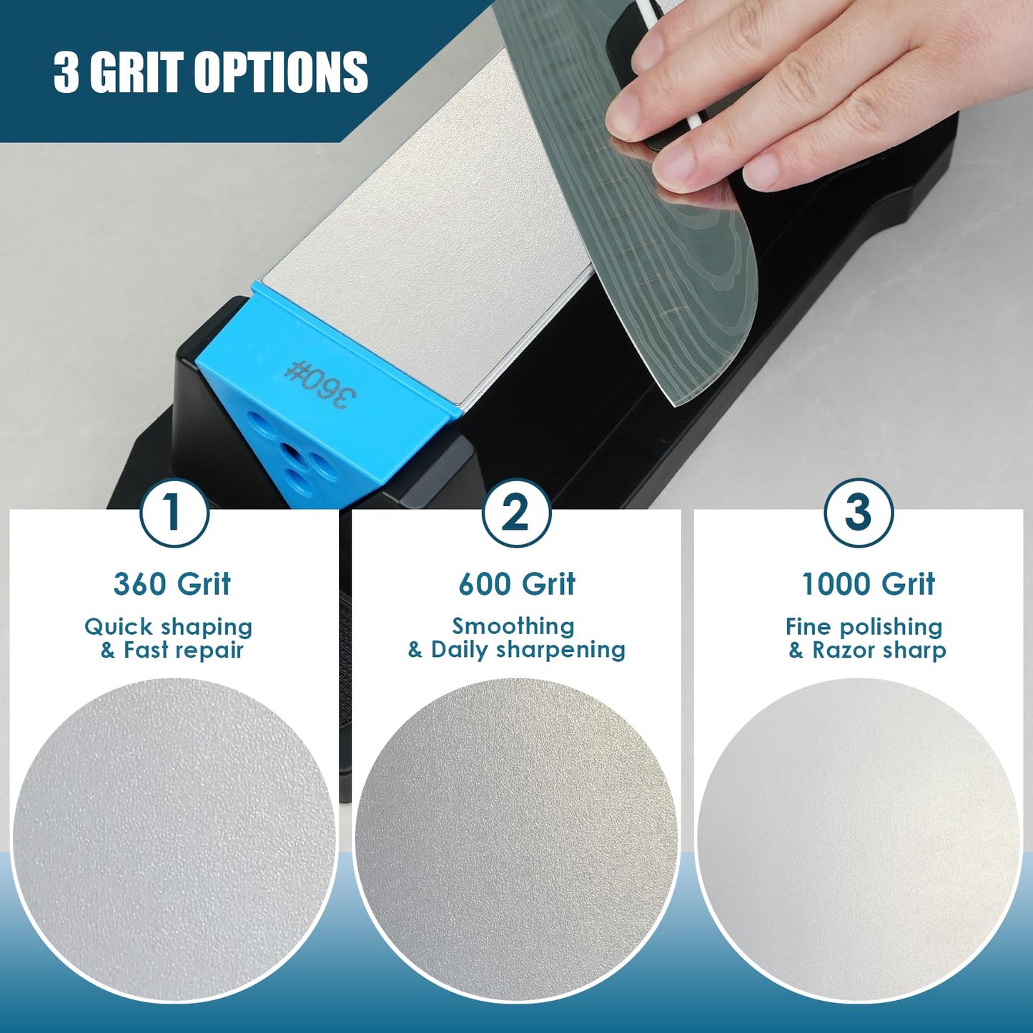 Diamond Knife Sharpener, Larger Sharpening Stone, 360/600/1000 Grit Whetstone Knife Sharpener Kit with Honing Guide, Angle Guide, Leather Strop for Kitchen Knives, Chisels, Tools, Outdoor Gear