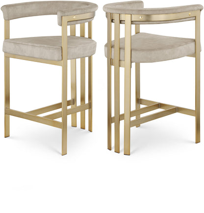 Meridian Furniture 596Stone-C Marcello Collection Modern | Contemporary Velvet Upholstered Counter Height Stool with Brushed Brass Iron Frame, 22.5" W x 20" D x 35.5" H, Stone, Set of 2