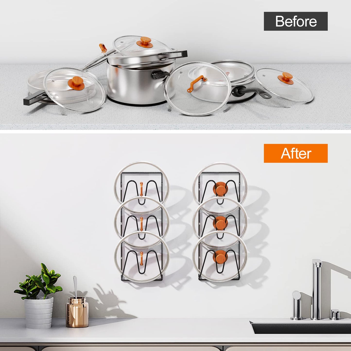 Durmmur 2 Pack Pot Lid Organizer Rack, 6-Tier Pot Lids Holder for Cabinet Door/Wall, No Drilling Adhesive Wall/Door Mounted Rustproof Pot and Pan Cover for Kitchen Storage, Classic Black