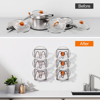 Durmmur 2 Pack Pot Lid Organizer Rack, 6-Tier Pot Lids Holder for Cabinet Door/Wall, No Drilling Adhesive Wall/Door Mounted Rustproof Pot and Pan Cover for Kitchen Storage, Classic Black