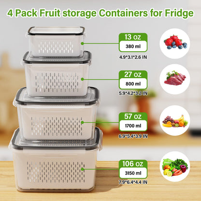 4 PCS Fruit Storage Containers for Fridge, Produce Containers for Fridge with Removable Colander, All-In-One Fruit Washing Bowl with Strainer Microwave/Dishwasher Safe for Salad Berry Lettuce Keeper
