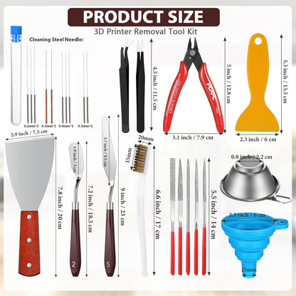 25 Pcs 3D Printer Tools Kit Nozzle Cleaning Kit Include Remove Putty Knife 2 Scrapers, 2 Brushes, Shovel, 5 Diamond Files, 2 Tweezers, 10 Needles, Pliers, Funnel for 3D Printing Model Building