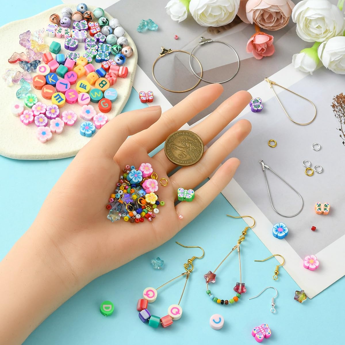 Echoed Elegance DIY Earring Making Kit with Butterfly Glass, Flower Polymer Clay Beads, Mixed Color Metal Findings, Storage Box for Dangle Earrings, Hoop Earrings and Personalized Gifts