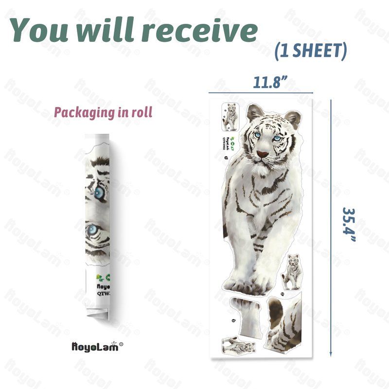 RoyoLam Mighty White Tiger Wall Decal Jungle Animal Wall Sticker Removable Peel and Stick Waterproof Wall Art Decor Stickers for Kids Baby Nursery Classroom Living Room Playing Room Bedroom
