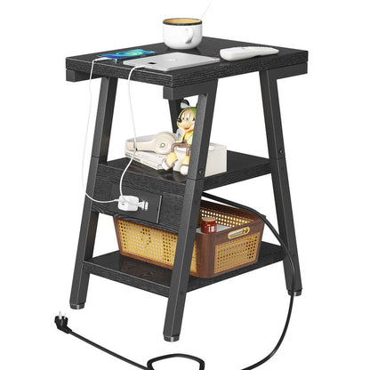 SIde Table with Charging Station, Small End Tables with Lucky 7 Metal Shape, 3-Tier Nightstand with Outlets and USB Ports, Adjustable Leveling Feet, Side Table for Living Room, Bedroom (Rustic Brown)