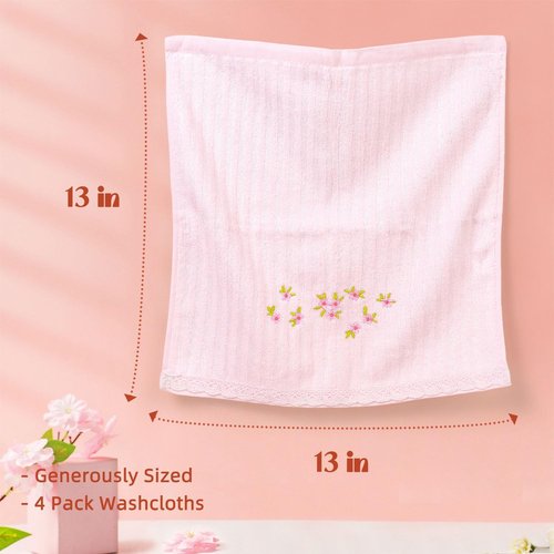 Jacquotha Pink Washcloths 4 Pack (Floral Embroidered), Soft Wash Cloths for Face, Body, Showering, Spa & Bathroom Decor Gifts, 13” x 13"