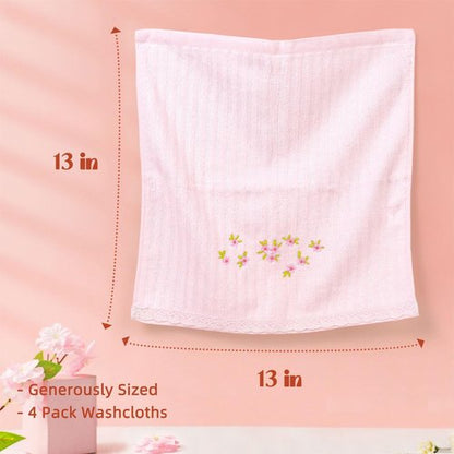 Jacquotha Pink Washcloths 4 Pack (Floral Embroidered), Soft Wash Cloths for Face, Body, Showering, Spa & Bathroom Decor Gifts, 13” x 13"
