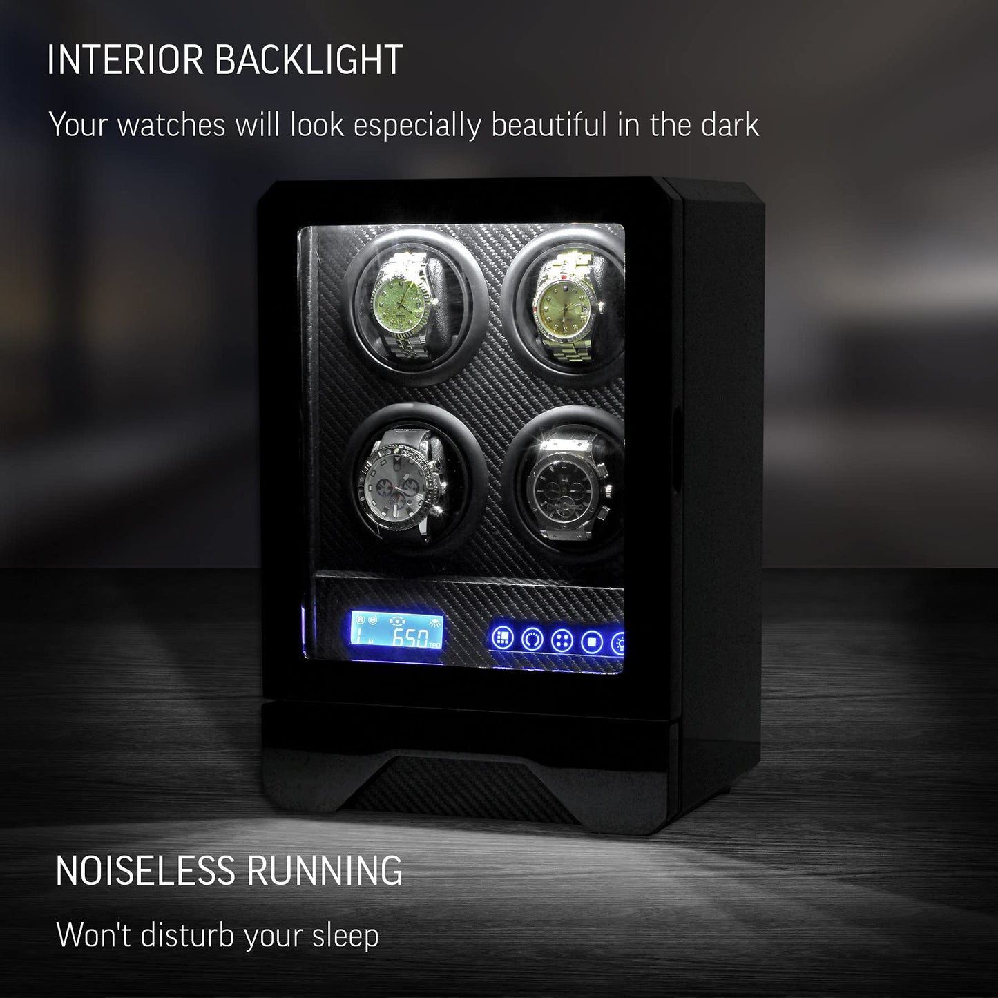 Automatic Watch Winder for 4 Watches with LED Light, LCD Display, Remote Control and Storage Drawer (Black)