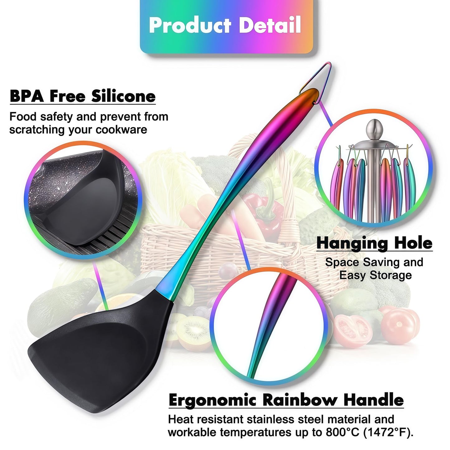 Silicone Cooking Utensils Set, 17pcs Kitchen Utensil Set with Rotatable Holder, Heat-Resistant Silicone Utensils for Cooking, Non-Stick Spatula Set with Stainless Steel Handle,Turner,Ladle (Rainbow)