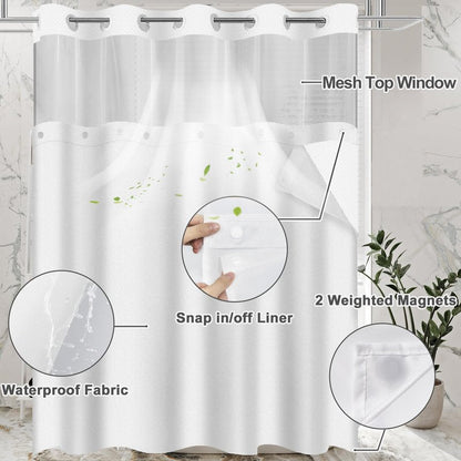 SSCRCUSLY No Hook Shower Curtain with Snap in Fabric Liner Set, White Chevron Hotel Style Bathroom Curtain, Washable and Water Repellent, 71x74 Inches