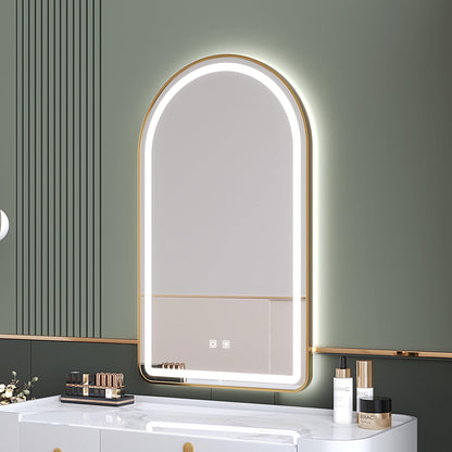 MYlovelylands 30x40 Inch LED Bathroom Arch Mirror, Gold Metal Frame, Adjustable Color Temp & Brightness,Anti-Fog,Shatter-Proof Rounded Arched Tempered Vanity Mirror for Wall
