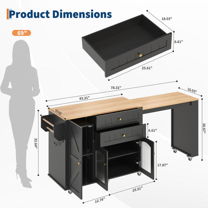 78.3” Rolling Kitchen Island with Extendable Table, Storage Cabinet, Drawers & Shelves, White Modern Mobile Island Cart on Wheels, Farmhouse Wood Island Table for Kitchen, Dining Room, Home Bar