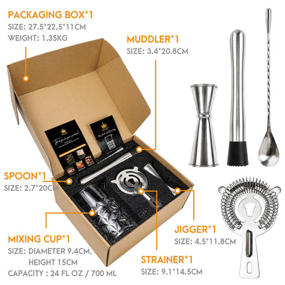 Cocktail Mixing Glass Kit, 24 OZ Crystal Stirring Glass with Stainless Steel Bar Tools – 2 OZ 1 OZ Jigger, Muddler, Strainer, Spoon, Recipe – Bartender Gifts for Men, Elegant Barware for Home & Party