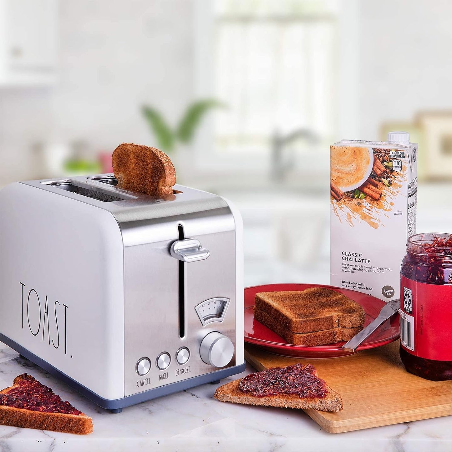 Rae Dunn Stainless Steel Toaster, 2 Slice Square, Wide Slot with 5 Browning Levels, Bagel, Defrost, Cancel Options