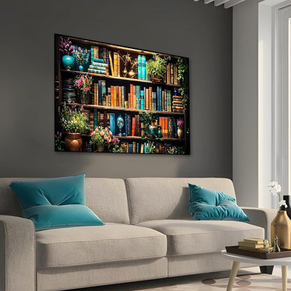Ohhvvow 5D Bookshelf & Blooms Large Diamond Art Kit for Adults, 27.5x15.7 Inch Cozy Library Diamond Painting with Books & Flowers, DIY Full Drill Gem Craft Kits, Gift for Book Lovers & Beginners