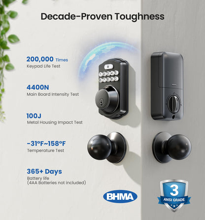 Veise Keyless Entry Door Lock with 2 Knobs, Electronic Backlit Keypad Deadbolt with Handle Set, Auto Lock, One-time Codes, Smart Deadbolt for Front Door, Easy Installation, Matte Black