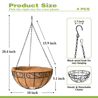 Qusuxi 4 Pack 10 Inch Hanging Baskets for Plants Outdoor Metal Hanging Planter Hanging Flower Baskets with Coco Fiber Liners Chain Round Wire Plant Holder Hangings Flower Pots(Plaid)