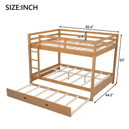 Merax Modern Queen Over Queen Size Wood Bunk Bed with Ladder and Twin XL Trundle, No Box Spring Required, Space-Saving, Wood Color