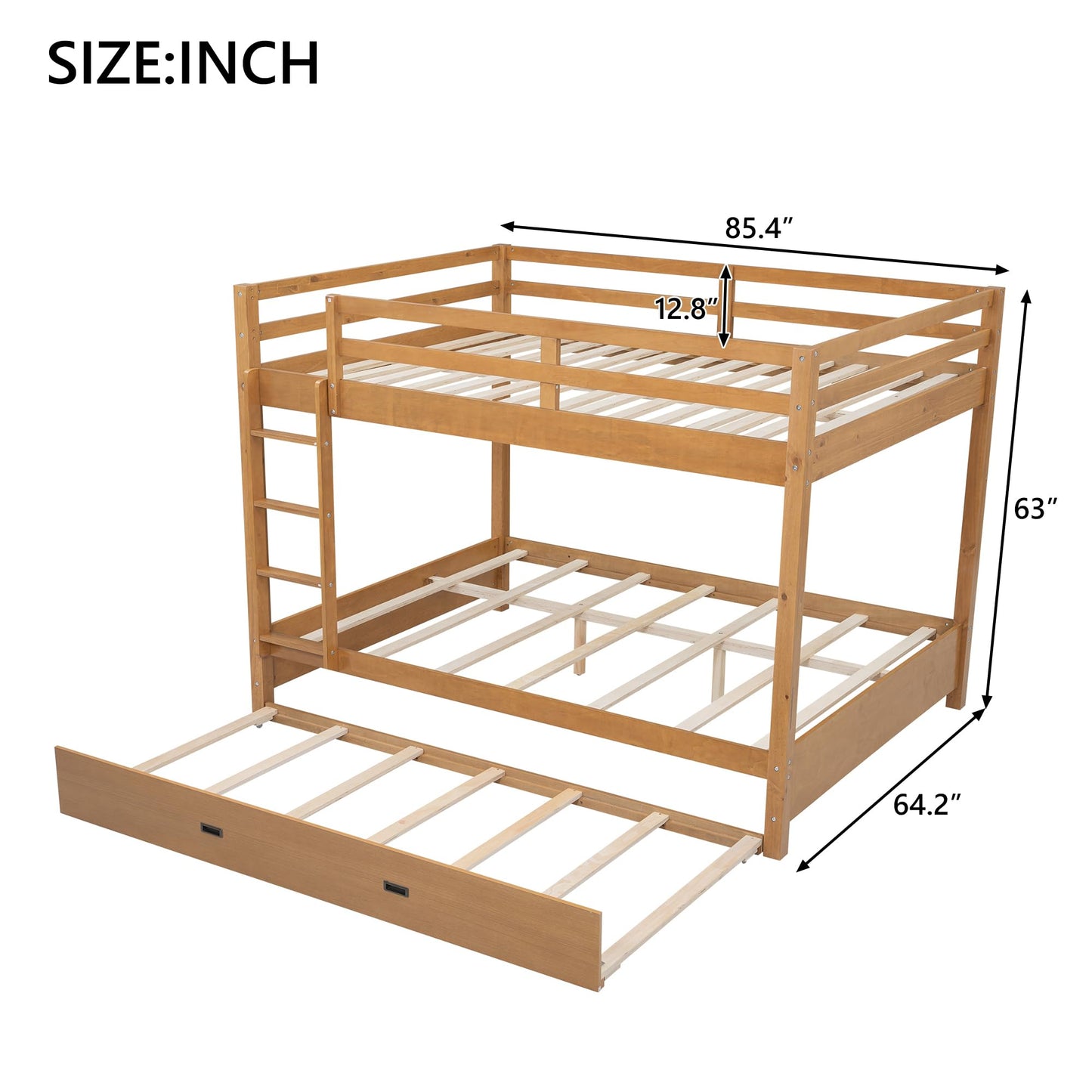 Bellemave Queen Over Queen Size Bunk Bed with Trundle for Kids/Adults,Solid Wood Bunk Bed Frame Queen Size with Ladder & Safety Guardrails,Wood Color