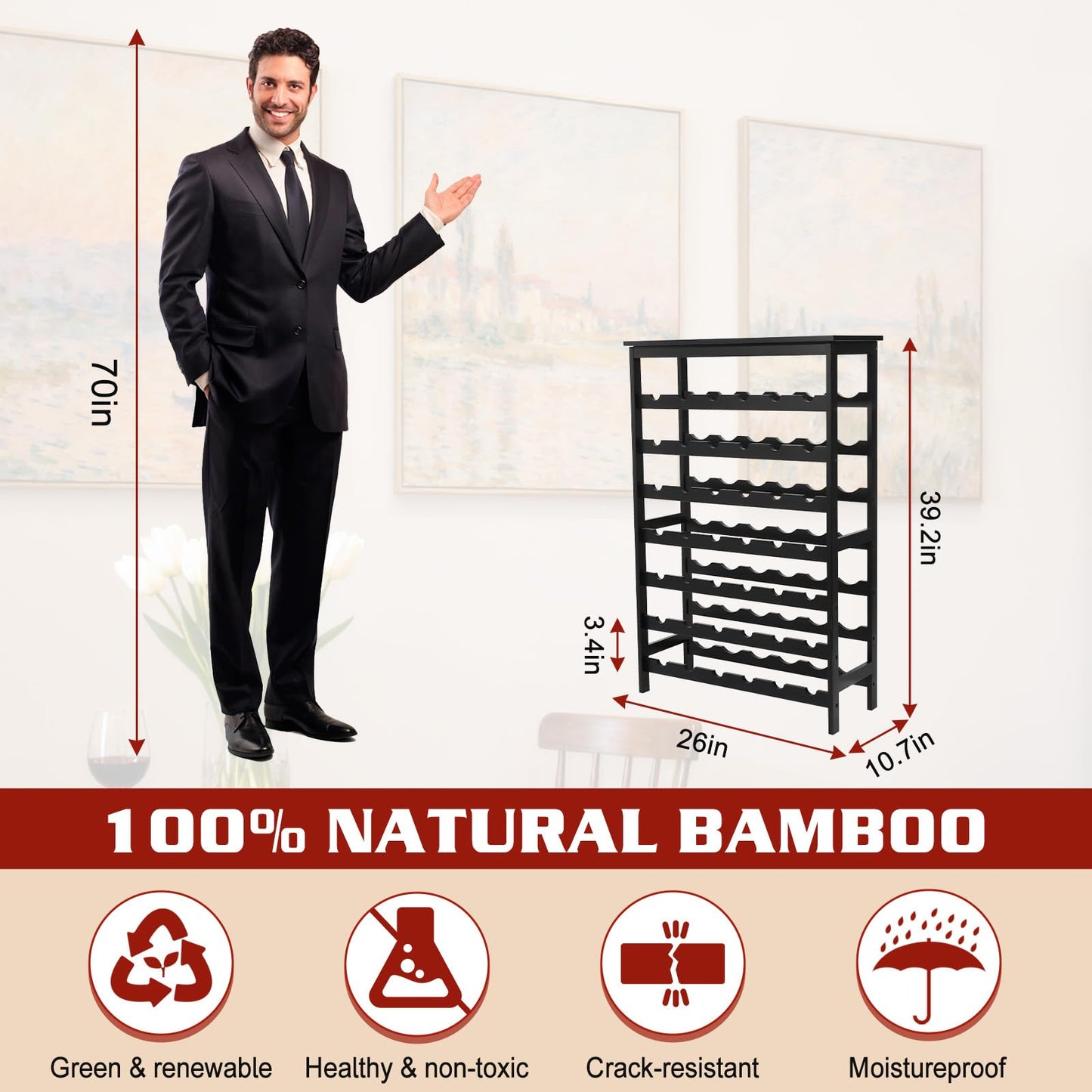 Bambition Bamboo Wine Rack Freestanding Floor, 7-Tier 42-Bottle Wine Storage Shelf with Table Top - Black