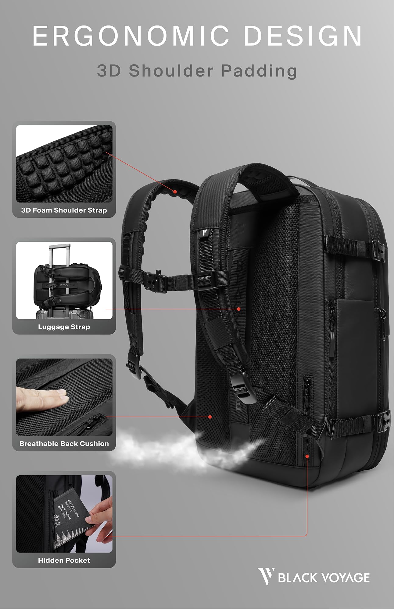 Vortex Vacuum Seal Travel Backpack 60L Exapandable Air Compression System Water Resistant TSA Lock Carry-On Suitcase Luggage Black AERO - Vacuum Pump Included
