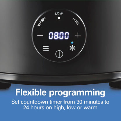 Hamilton Beach 6 Quart Set & Forget Programmable Slow Cooker with Defrost Function, Flexible Programming, Adjustable Countdown Timer, Large Dishwasher Safe Stoneware Crock and Glass Lid, Black (33765)
