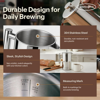 SterlingPro 1.5 L 51 oz Mirror Large French Press Coffee Maker and 2 Pack Replacement Screens Bundle Stainless Steel Double Wall Insulated for Tea and Coffee