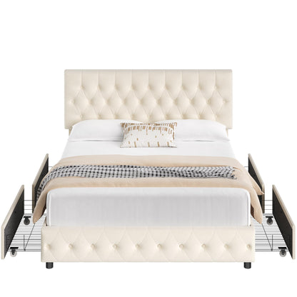 Keyluv Modern Queen Size Upholstered Bed Frame with 4 Storage Drawers, Button Tufted Headboard Design, Solid Wooden Slat Support, Easy Assembly, Soft Velvet, Beige