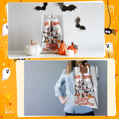 Hosuly 100 Pcs Halloween Reflective Goodie Bags Bulk Have a Safe&happy Halloween Plastic Gift Bags Safety Tips Treat with Handles for Trick or Treat Theme Party Favors