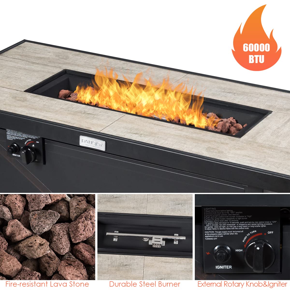 COSTWAY 42" Propane Fire Pit Table, 60,000 BTU Outdoor Rectangle Gas Fire Table W/Ceramic Tabletop, Lava Rock & PVC Cover Included, Stainless Steel Burner, Ideal for Backyard, Poolside