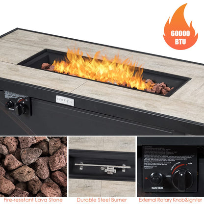 COSTWAY 42" Propane Fire Pit Table, 60,000 BTU Outdoor Rectangle Gas Fire Table W/Ceramic Tabletop, Lava Rock & PVC Cover Included, Stainless Steel Burner, Ideal for Backyard, Poolside