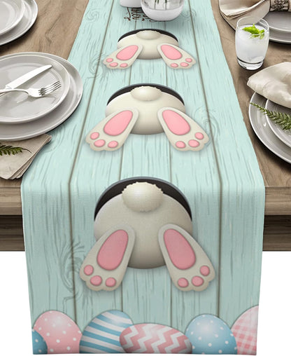 Easter Cotton Linen Table Runner, Bunny Tail Easter Eggs Rabbit Spring Flowers for Dinning Table Decor