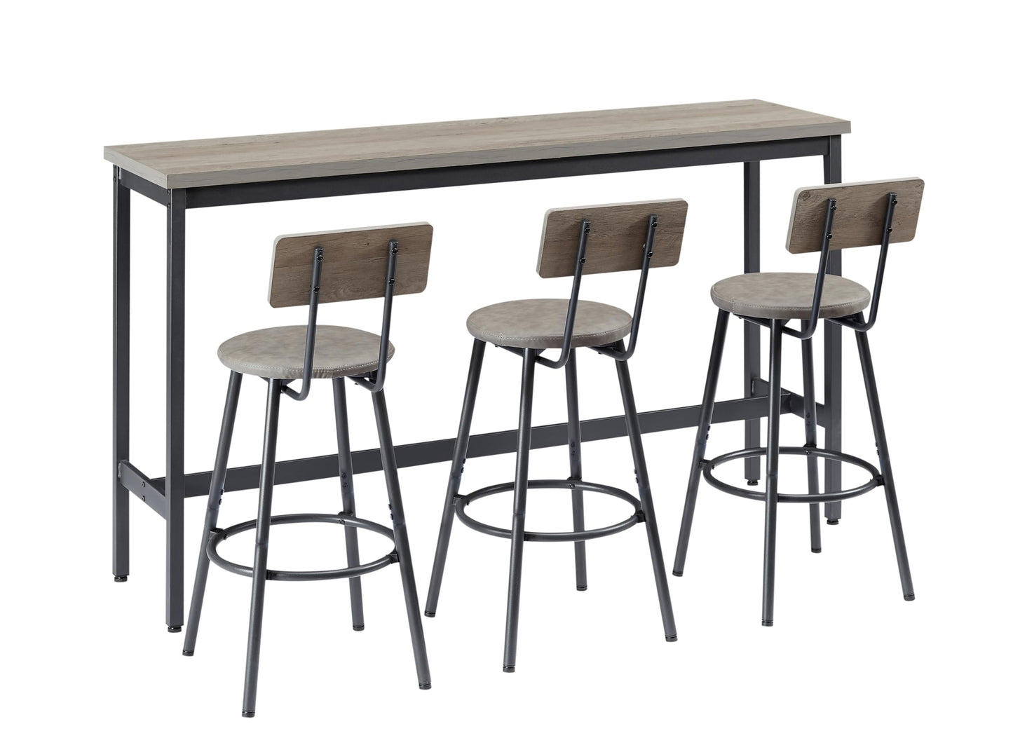 KEIKI Long Bar Table Set with 3 PU Upholstered Bar Stools, Industrial Counter Height Dining Table and Chair Sets for Kitchen, Living Room, Small Space, Grey
