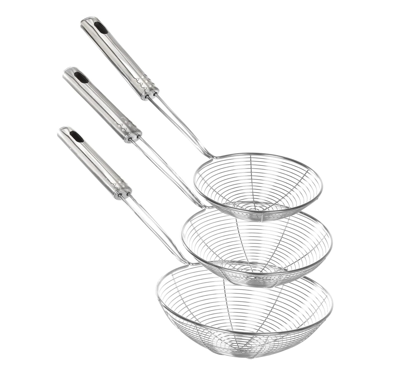 Enhanced Version Stainless Steel Spider Strainer Skimmer Ladle, Set of 3 Sizes Kitchen Strainer Spoon for Cooking and Frying, Pasta Strainer, Food Preparation-32.5cm, 36cm, 38cm