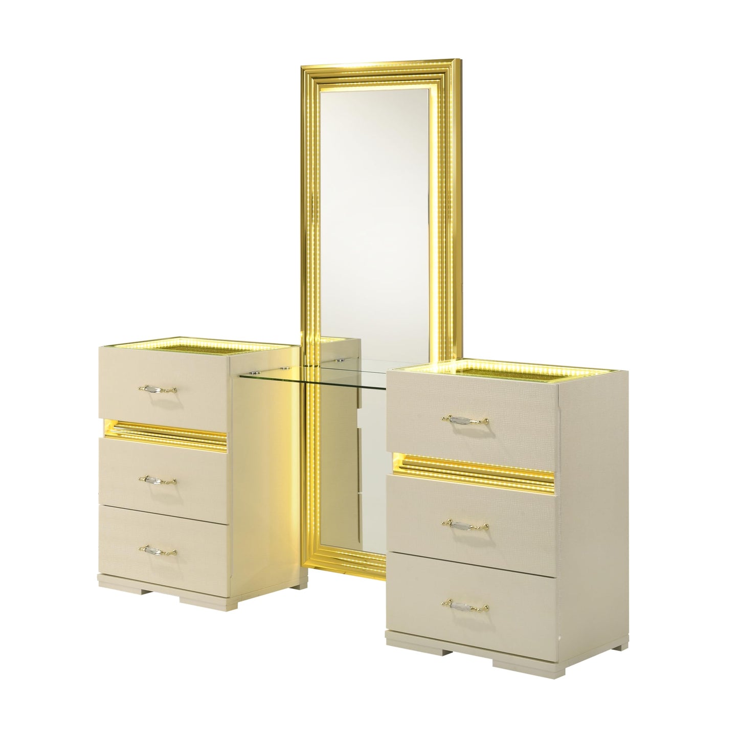 Furniture of America Mynar Modern Solid Wood 6-Drawer Makeup Vanity Set with Stool and LED Light, Dressing Table with Mirror, for Bedroom, Guest Room, Beige