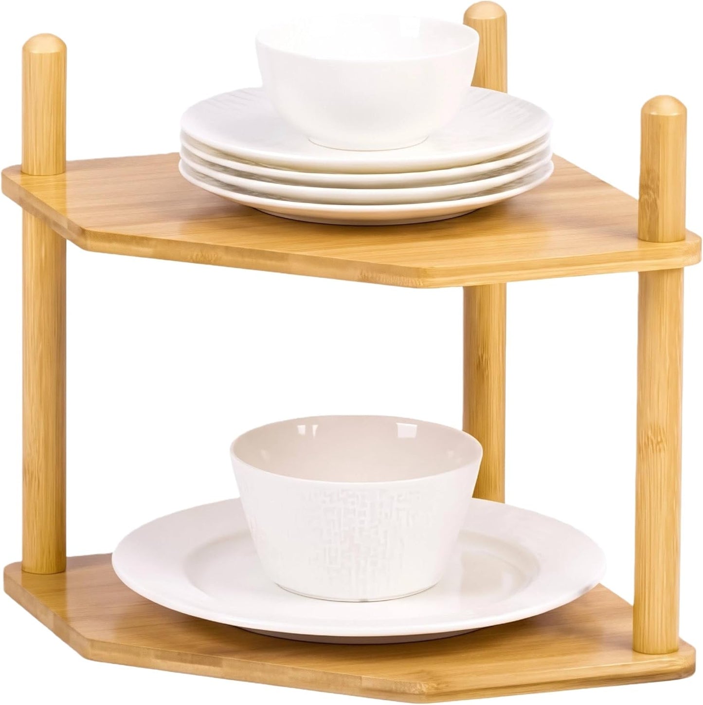 2-Tier Counter (1, 6.7" Expandable Bamboo Corner Shelf - Dish/Plate Organizer for Cabinet, Kitchen Shelf & Small