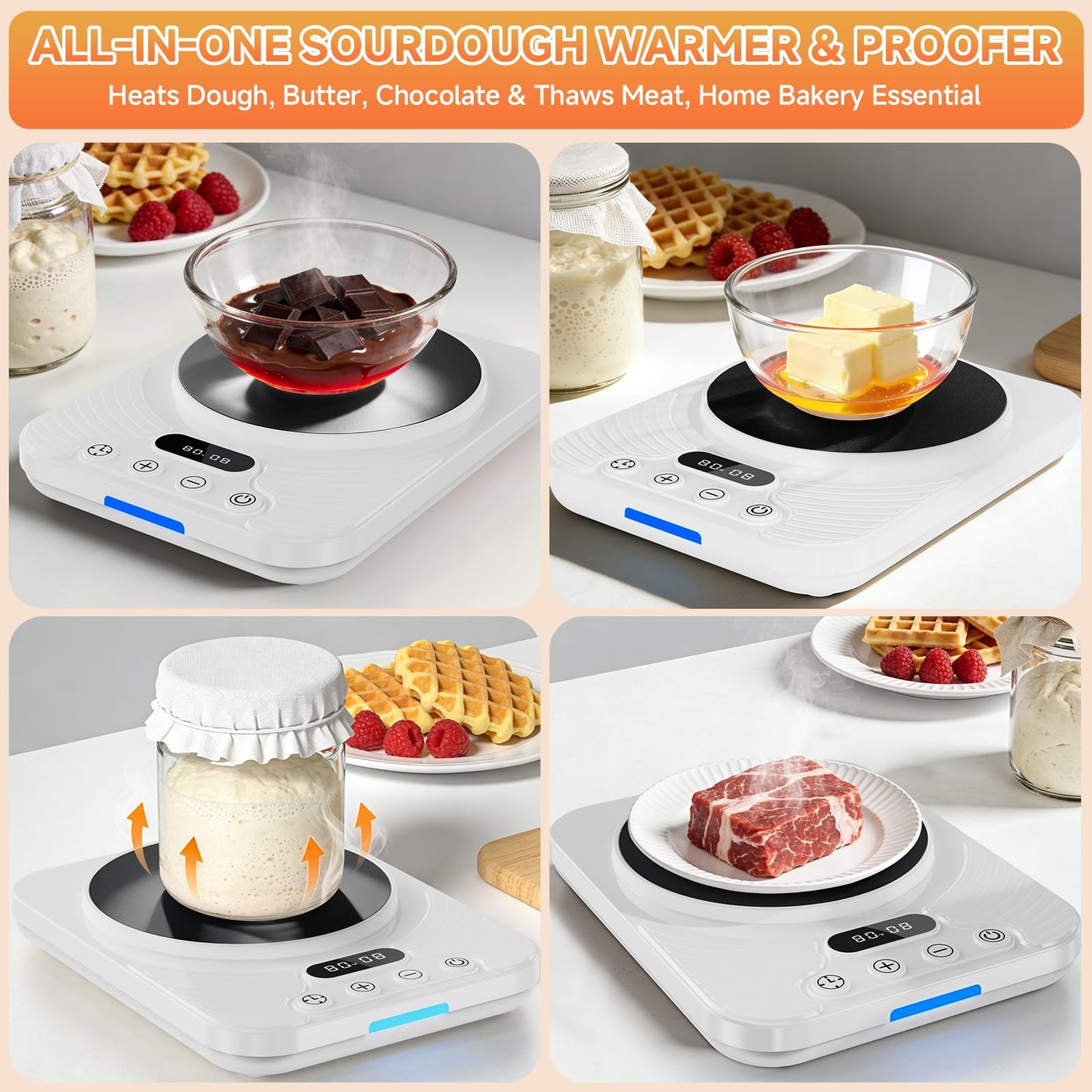 Sourdough Starter Warmer Mat with 1°F Precision (65–110°F), 24H Timer & Memory, Heating Pad for Bread Proofing & Fermentation, Fits 24–40oz Jars for Home Baking（White）
